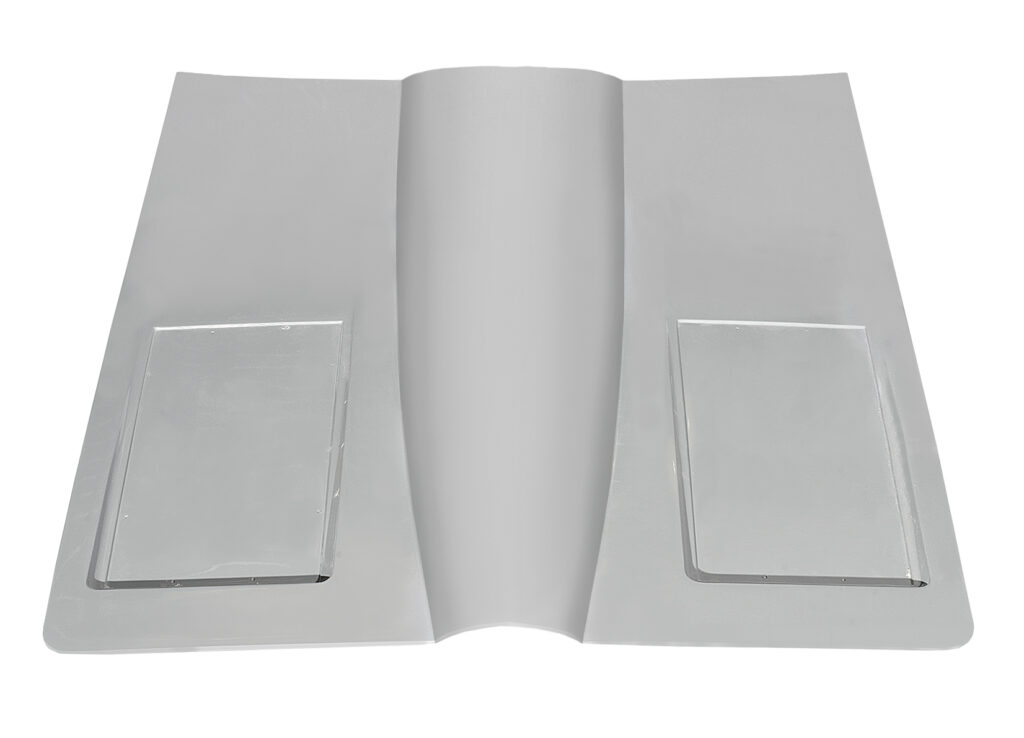 Close-up of a gray fabric piece with two rectangular pockets.
