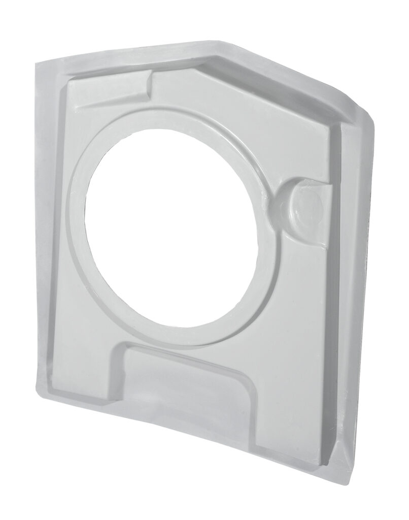 Transparent plastic protective cover for a circular object.
