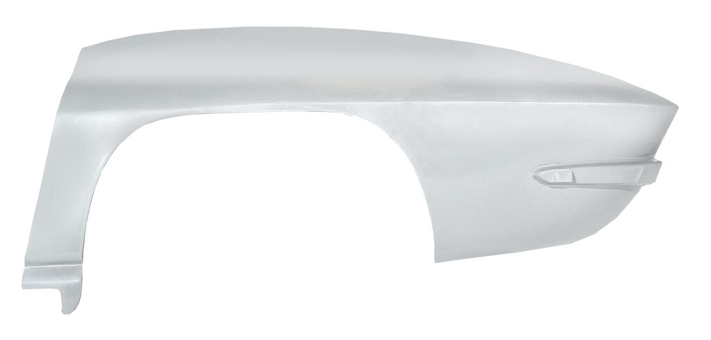 Primed white car front fender panel