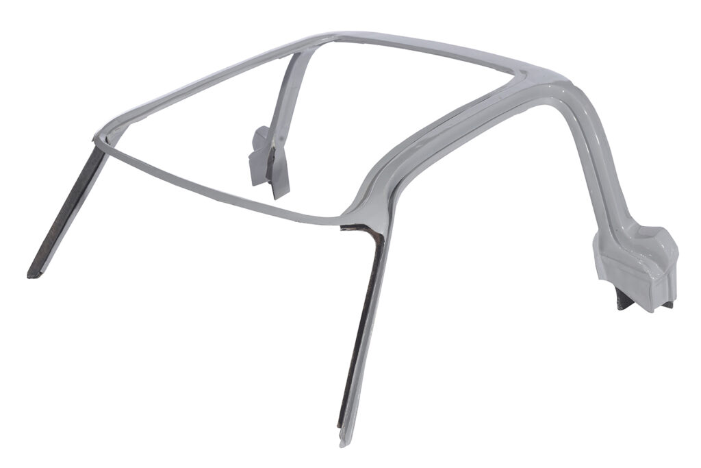 Close-up of a gray eyeglass frame without lenses.