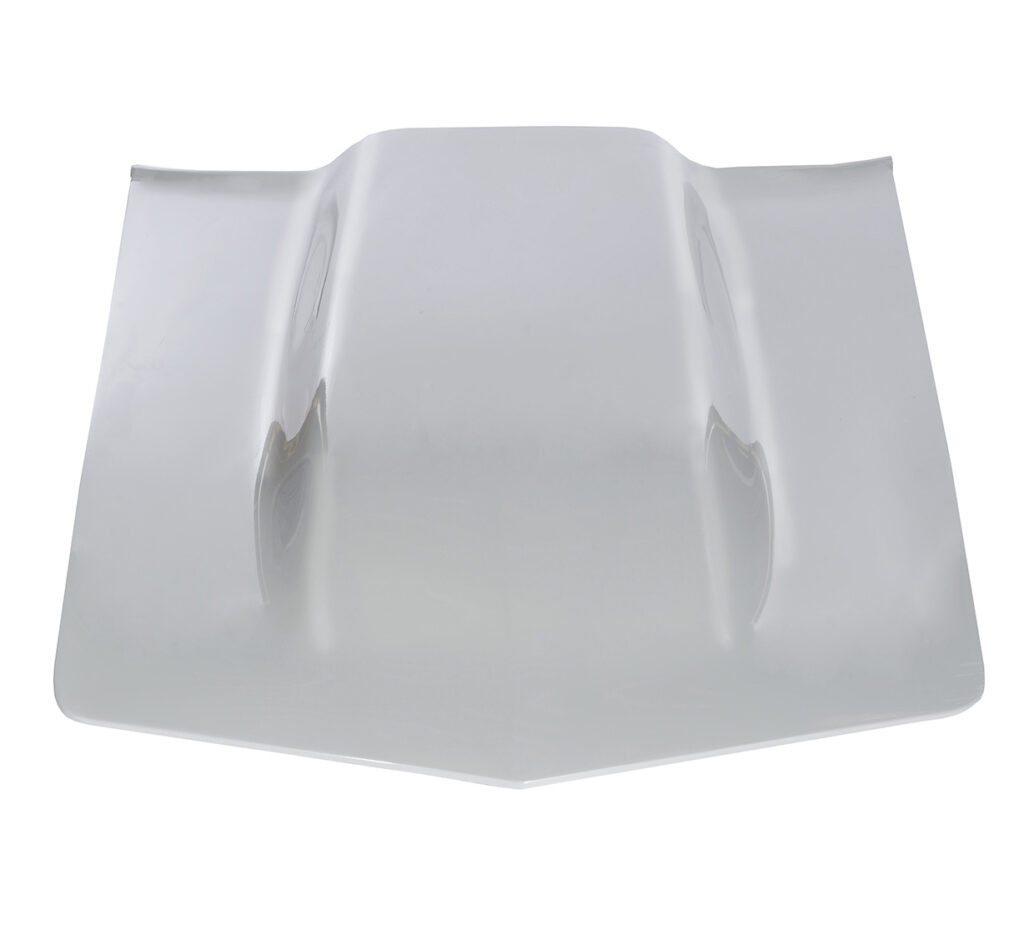 White car hood with dual raised vents for engine cooling.