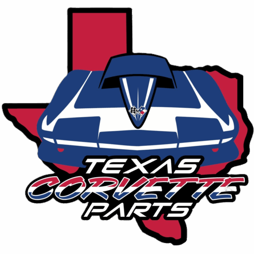 Blue Corvette front over Texas outline logo