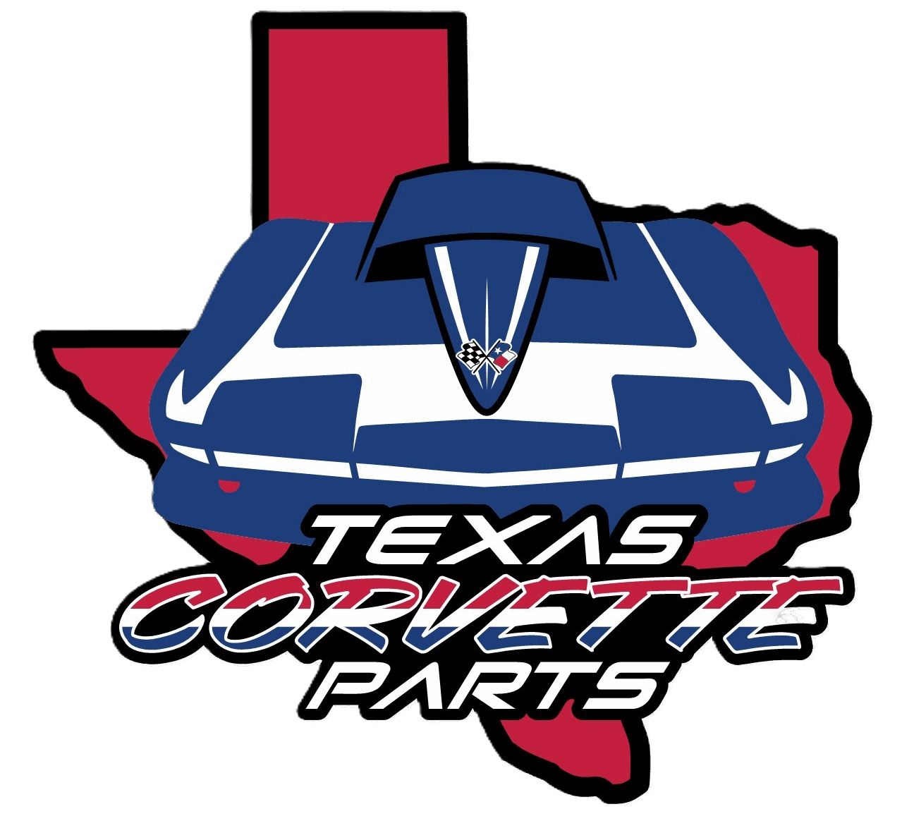 Blue Corvette front over Texas silhouette logo